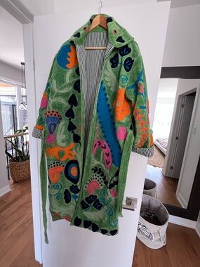 Green Embroidered Floral Duster Coat